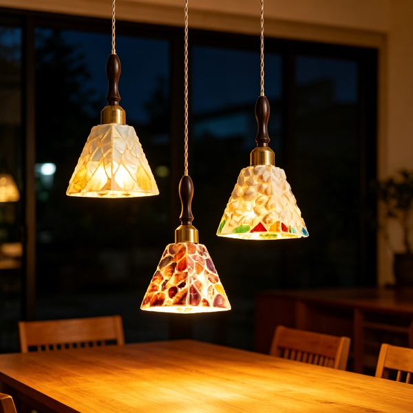 Vintage French Wooden Pendant Light Set – Cream Style Glass Hanging Lamps for Dining Room & Kitchen Island (Set of 3)