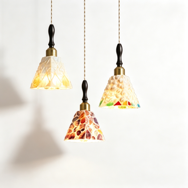 Vintage French Wooden Pendant Light Set – Cream Style Glass Hanging Lamps for Dining Room & Kitchen Island (Set of 3)