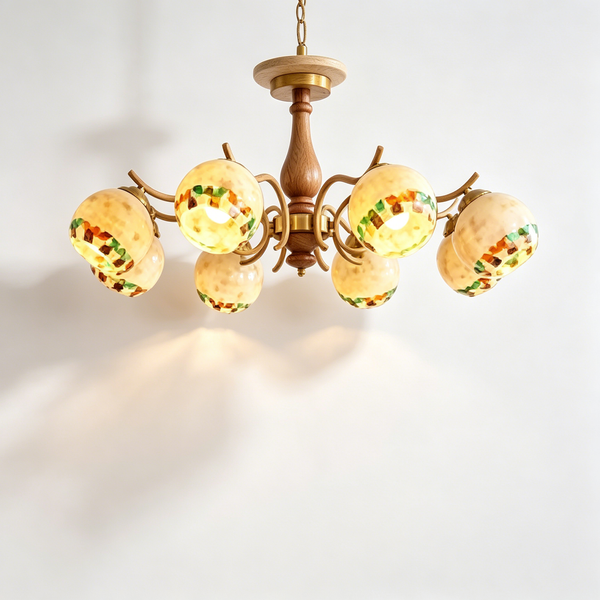 French Vintage Walnut Wood Floral Chandelier – Elegant Multi-Head Ceiling Light for Living Room, Dining Room & Hallway
