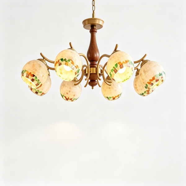French Vintage Walnut Wood Floral Chandelier – Elegant Multi-Head Ceiling Light for Living Room, Dining Room & Hallway