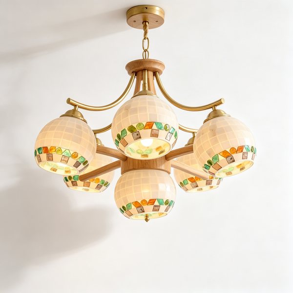 French Vintage Walnut Wood Floral Chandelier – Elegant Multi-Head Ceiling Light for Living Room, Dining Room & Hallway