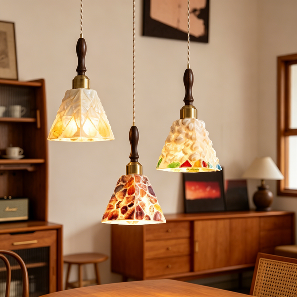 Vintage French Wooden Pendant Light Set – Cream Style Glass Hanging Lamps for Dining Room & Kitchen Island (Set of 3)
