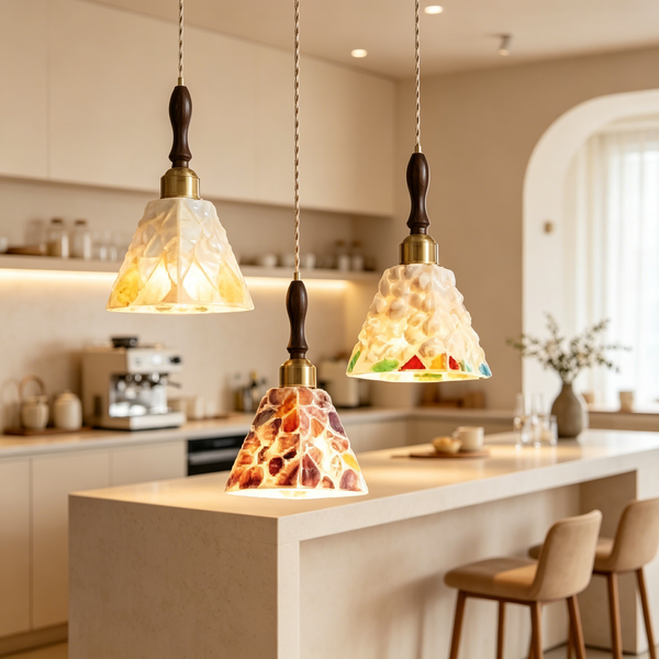 Vintage French Wooden Pendant Light Set – Cream Style Glass Hanging Lamps for Dining Room & Kitchen Island (Set of 3)