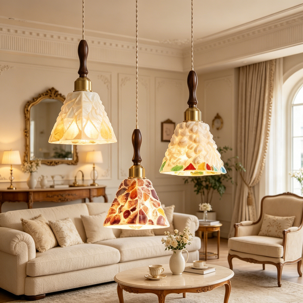 Vintage French Wooden Pendant Light Set – Cream Style Glass Hanging Lamps for Dining Room & Kitchen Island (Set of 3)