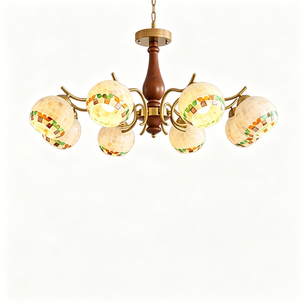French Vintage Walnut Wood Floral Chandelier – Elegant Multi-Head Ceiling Light for Living Room, Dining Room & Hallway