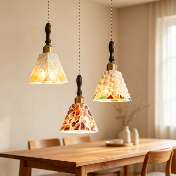 Vintage French Wooden Pendant Light Set – Cream Style Glass Hanging Lamps for Dining Room & Kitchen Island (Set of 3)