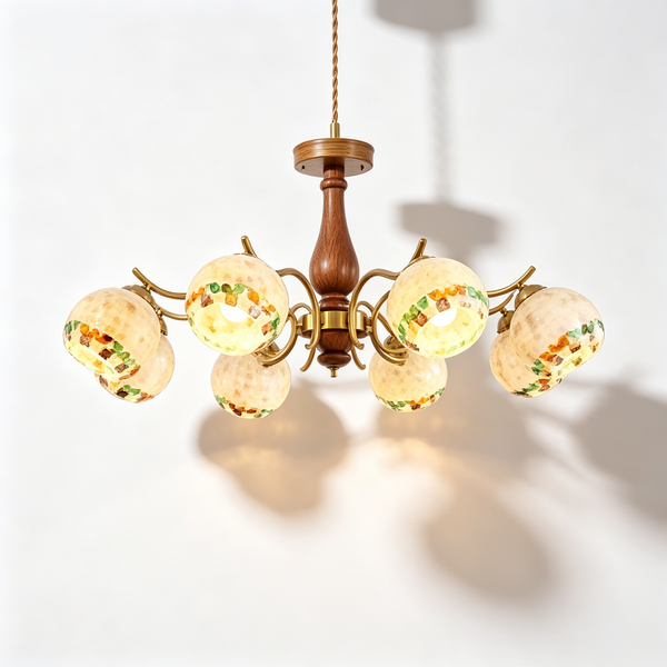 French Vintage Walnut Wood Floral Chandelier – Elegant Multi-Head Ceiling Light for Living Room, Dining Room & Hallway