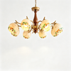 French Vintage Walnut Wood Floral Chandelier – Elegant Multi-Head Ceiling Light for Living Room, Dining Room & Hallway